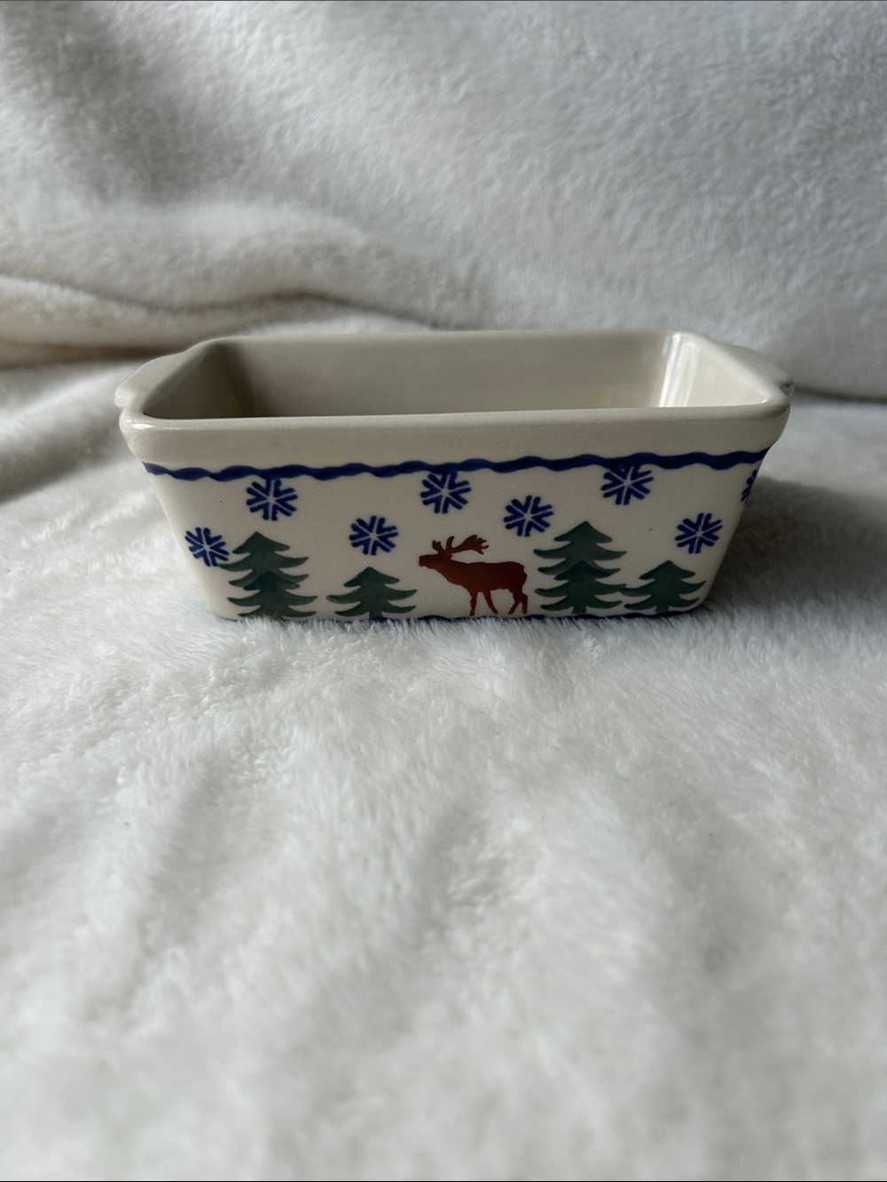 Handcrafted Boleslawiec polish pottery mini loaf baker “Ring around the reindeer
